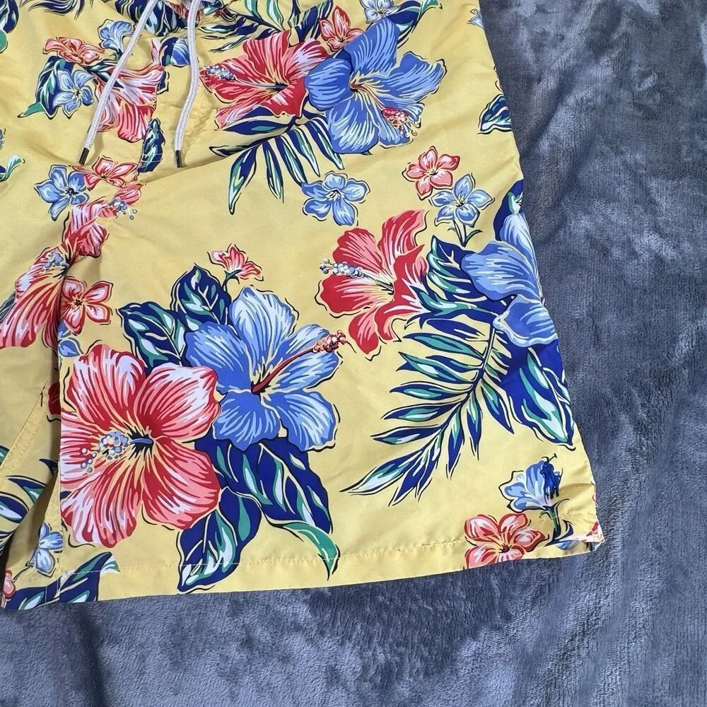 Polo Ralph Lauren Sz 4XL Tall Floral Hibiscus Yellow Hawaiian Swim Trunks Pocket